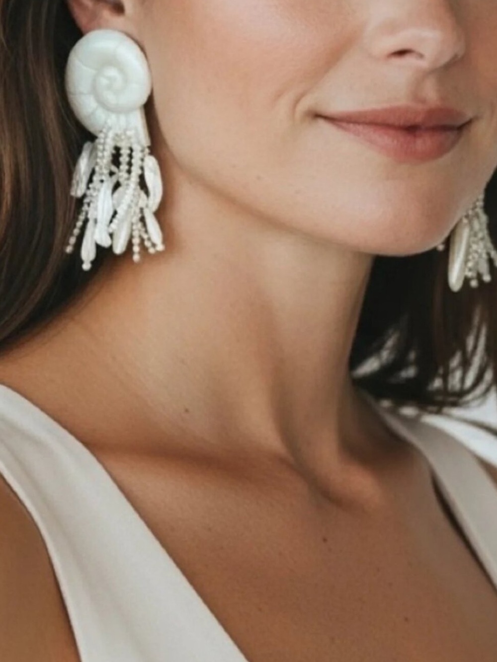 Tuckernuck Pearl Shelly Spiral Beach Dangle Fringe Earrings White NEW